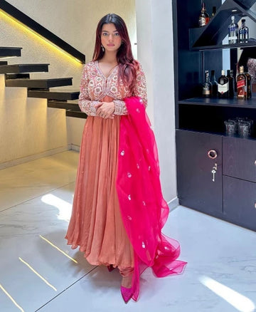 Peach Embroidered Anarkali Gown Set with Contrast Pink Dupatta