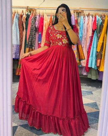 Crimson Red Embroidered Anarkali Gown with Flared Hem