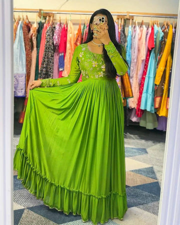 Lime Green Embroidered Anarkali Gown with Flared Hem
