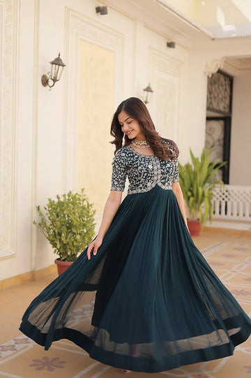 Midnight Teal Embroidered Anarkali Gown with Flared Skirt