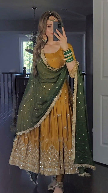 Mustard Embroidered Anarkali Set with Green Dupatta