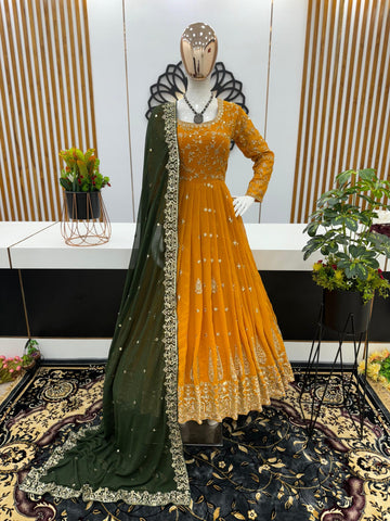 Mustard Embroidered Anarkali Gown Set with Dark Green Dupatta