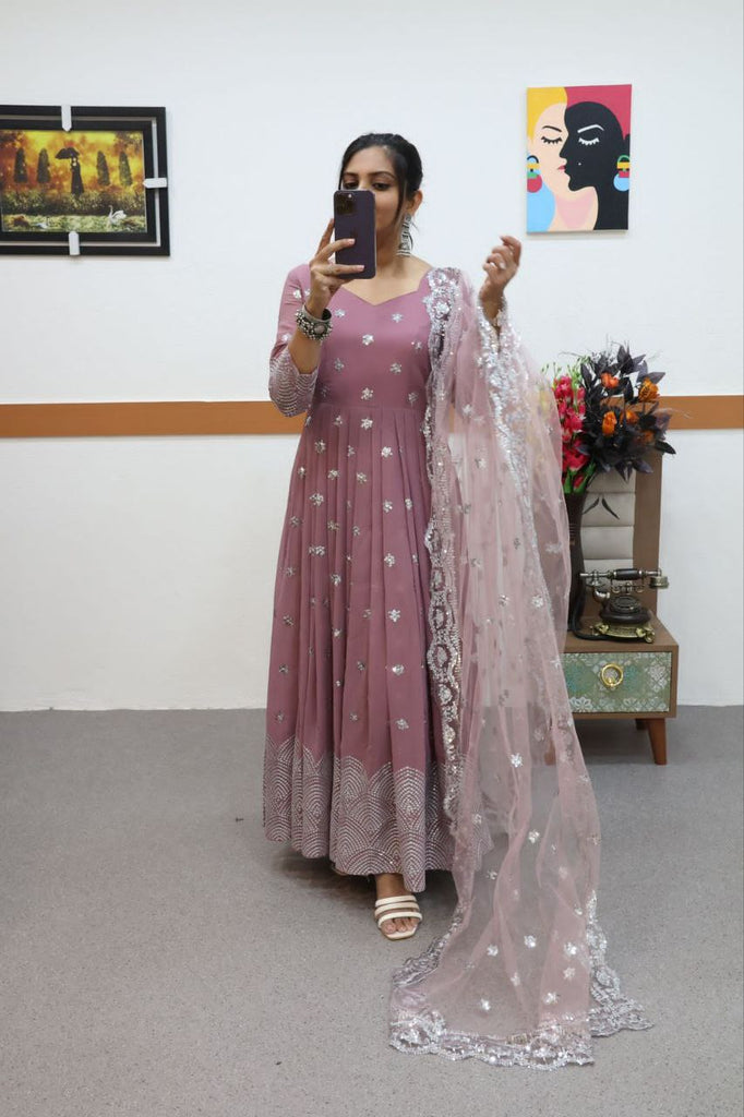 Dusty Rose Anarkali Gown with Embroidered Dupatta for Women | Festive & Party Wear