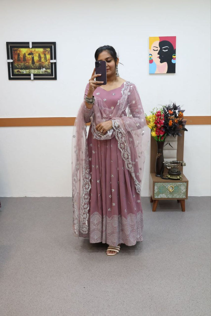 Dusty Rose Anarkali Gown with Embroidered Dupatta for Women | Festive & Party Wear