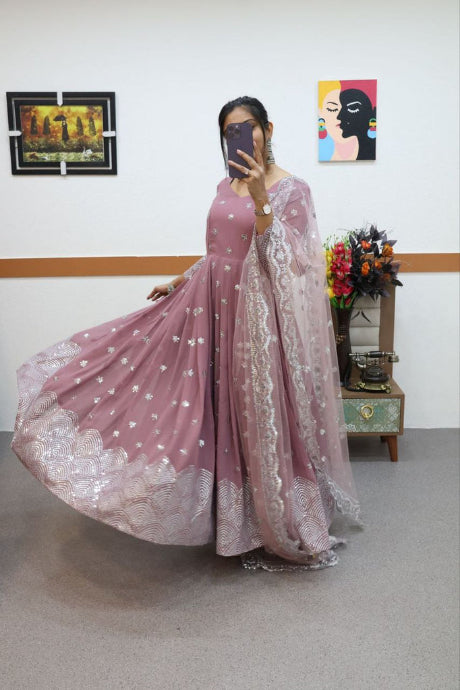 Dusty Rose Anarkali Gown with Embroidered Dupatta for Women | Festive & Party Wear