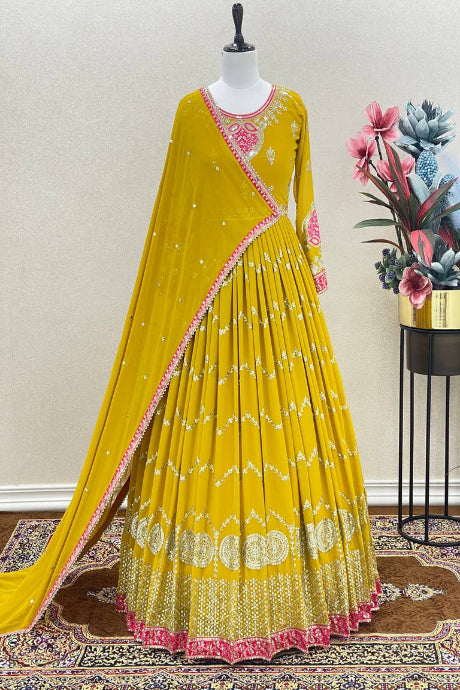 Elegant Mustard Yellow Embroidered Anarkali Gown with Dupatta
