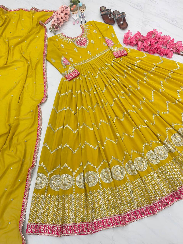 Elegant Mustard Yellow Embroidered Anarkali Gown with Dupatta