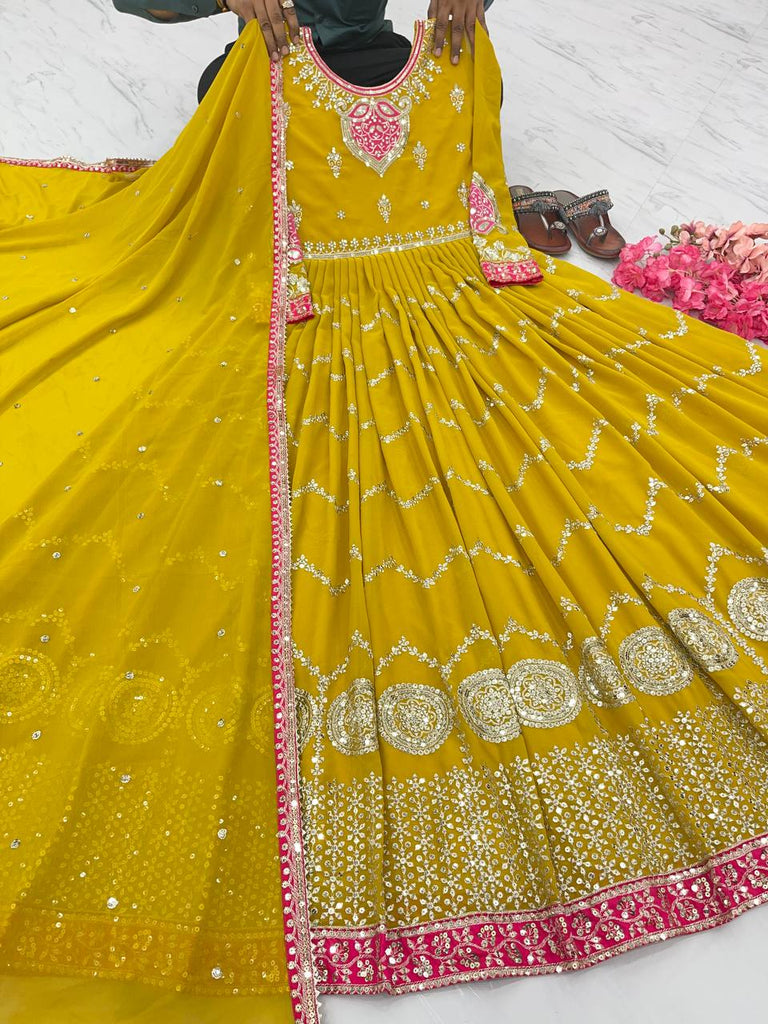 Elegant Mustard Yellow Embroidered Anarkali Gown with Dupatta