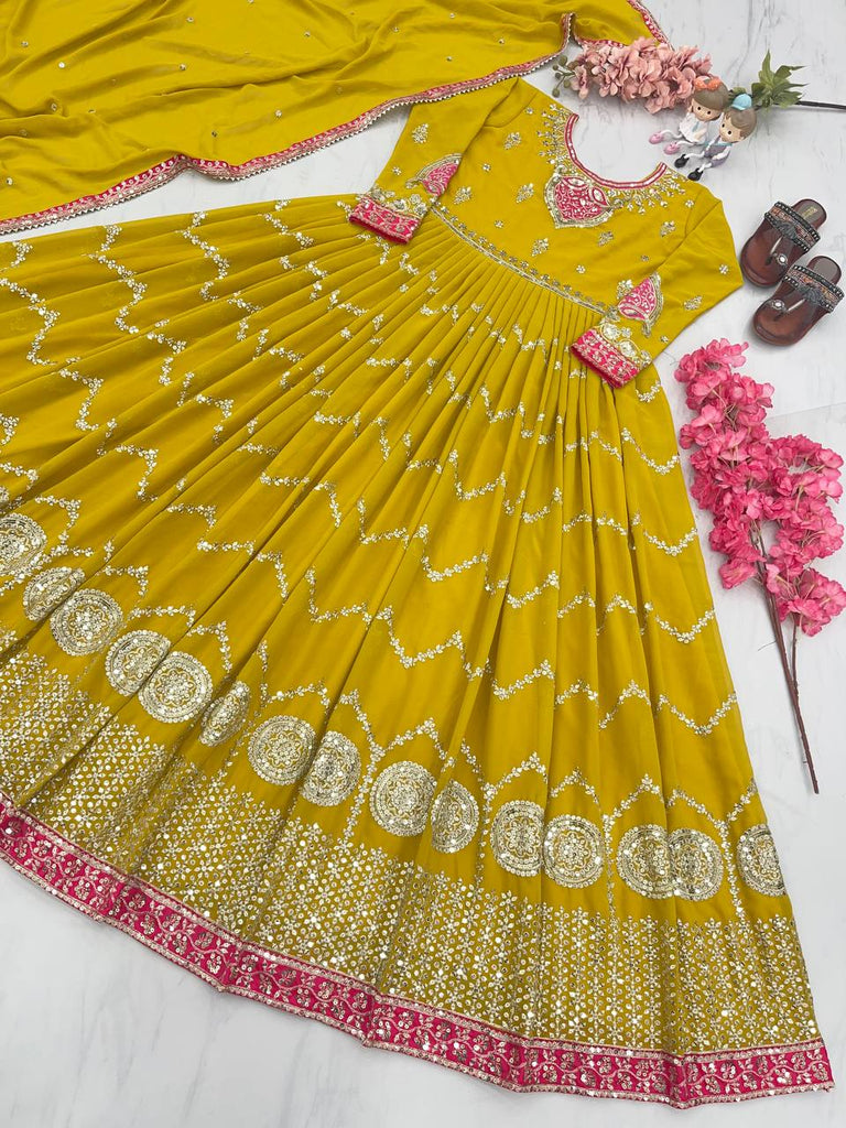Elegant Mustard Yellow Embroidered Anarkali Gown with Dupatta