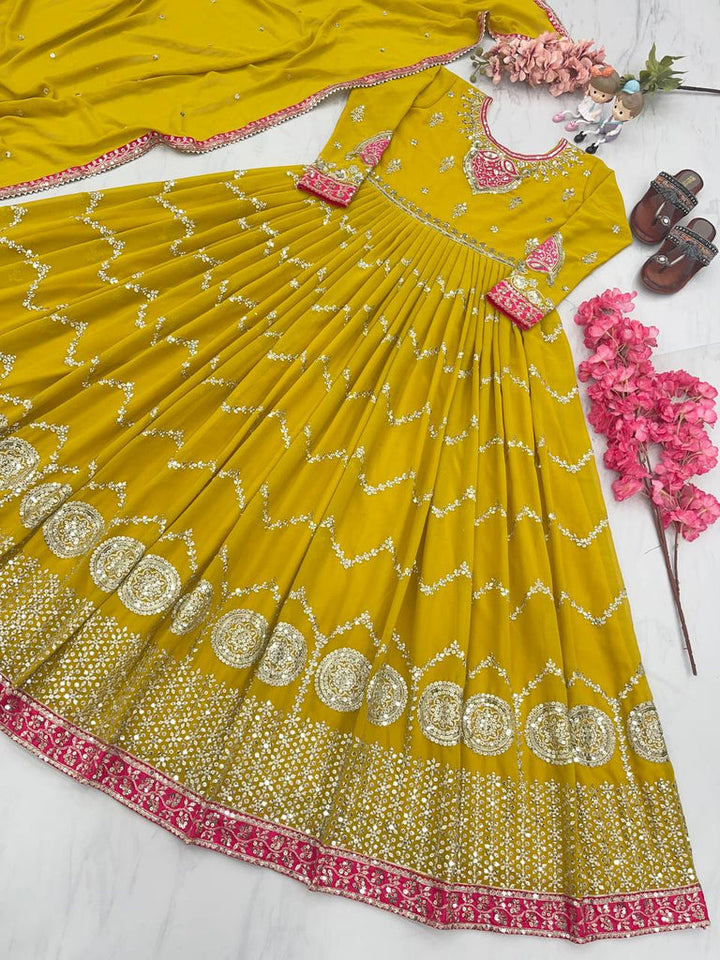 Elegant Mustard Yellow Embroidered Anarkali Gown with Dupatta