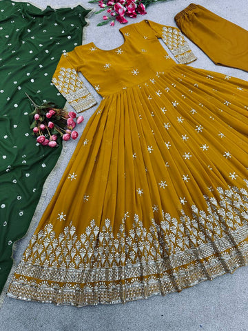 Mustard Embroidered Anarkali Suit Set with Green Dupatta